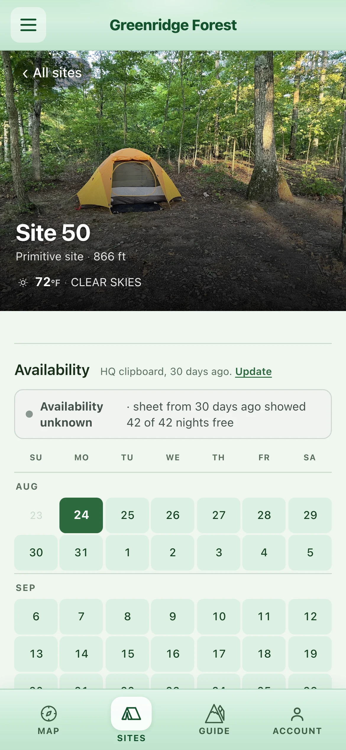 A Greenridge campsite page: site photo, what the clipboard last showed, and the availability calendar