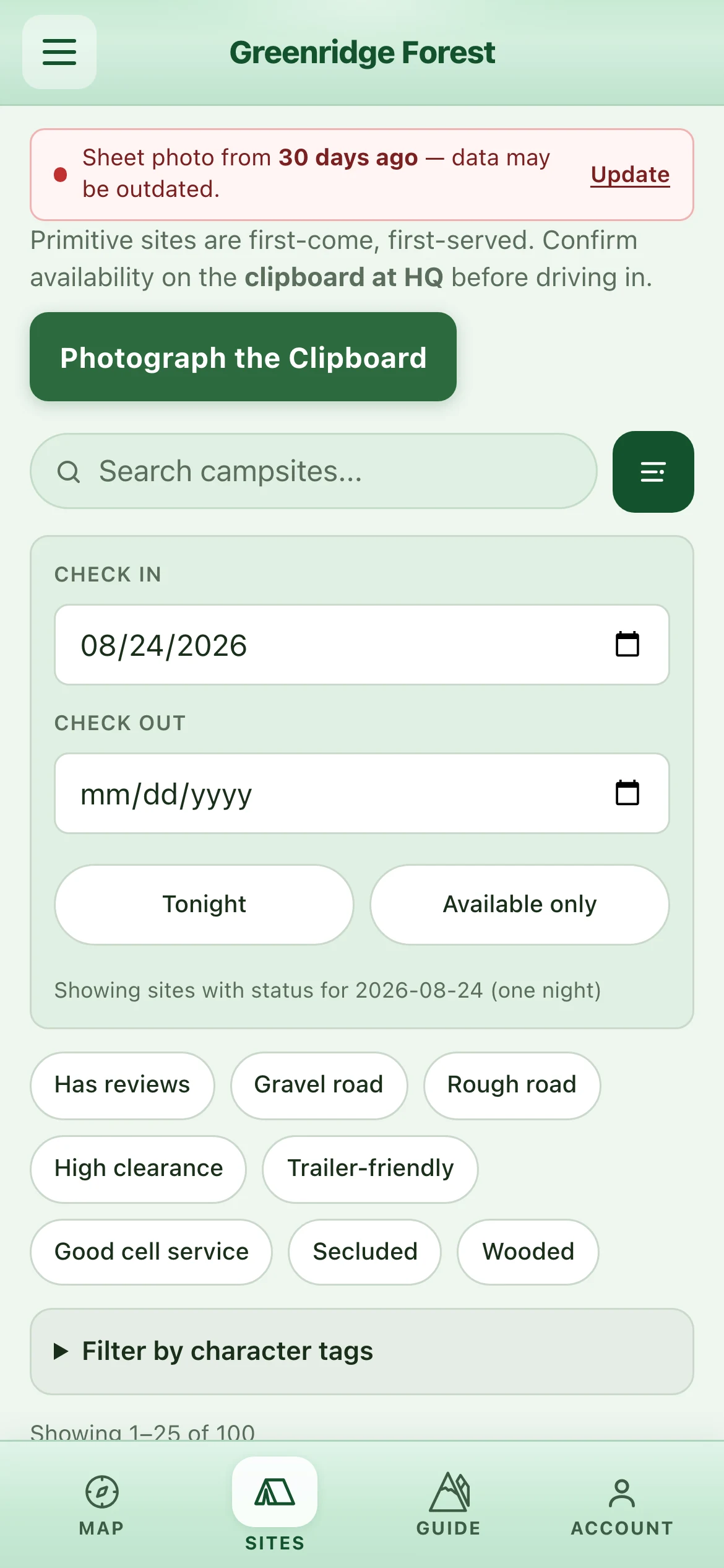 The Greenridge campsite list: dates, filters for drive difficulty and character, and the clipboard update prompt