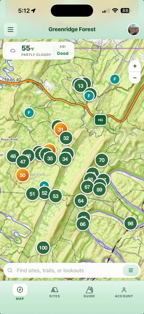 Greenridge map with campsite pins and search.