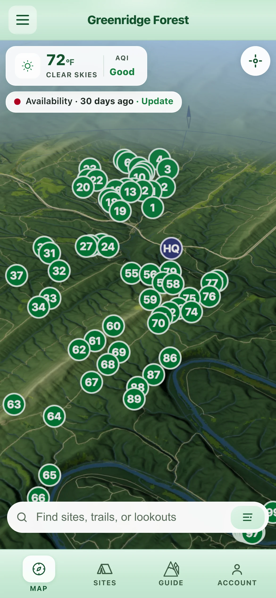 Greenridge map with campsite pins and search.