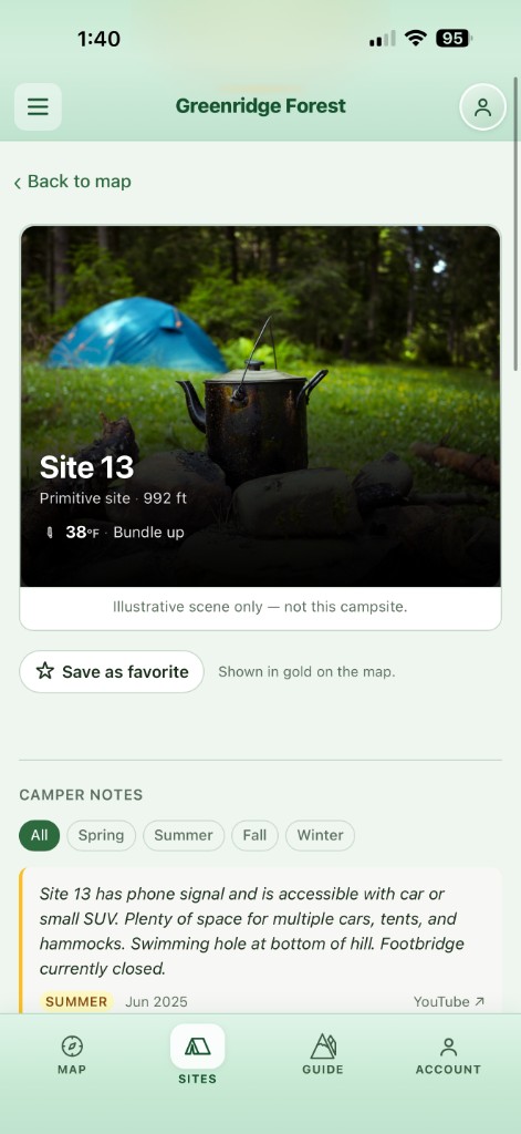 Site detail in Greenridge: notes, calendar, and context for one campsite.