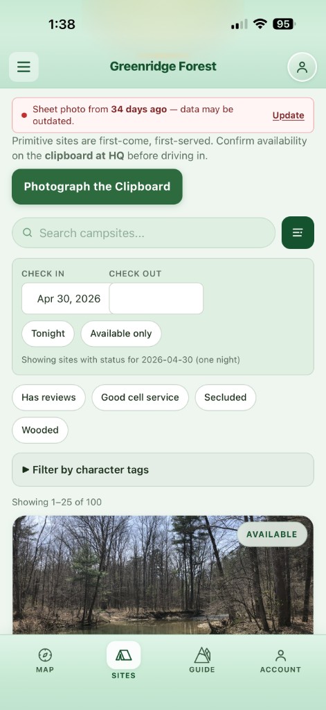 Greenridge sites list screen.
