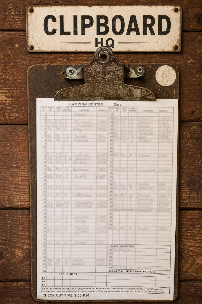 The official first-come camping roster on a clipboard at Green Ridge State Forest headquarters.